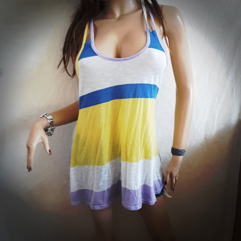 Long Length Tank Strappy Racerback Purple Stripe M